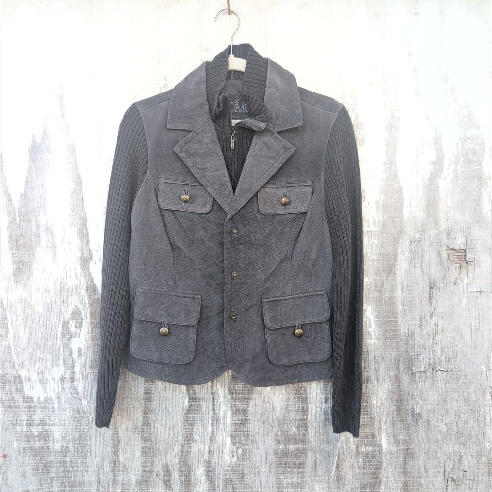 Vtg Live A Little NWT 100% Leather Rib Knit Jacket Women's Med Charcoal Grey